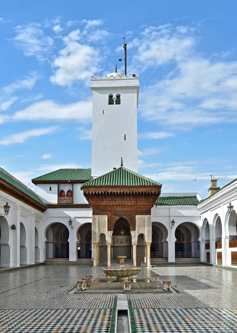 Ornate courtyard of Al Quaraouiyine Mosque in Fes medina Morocco