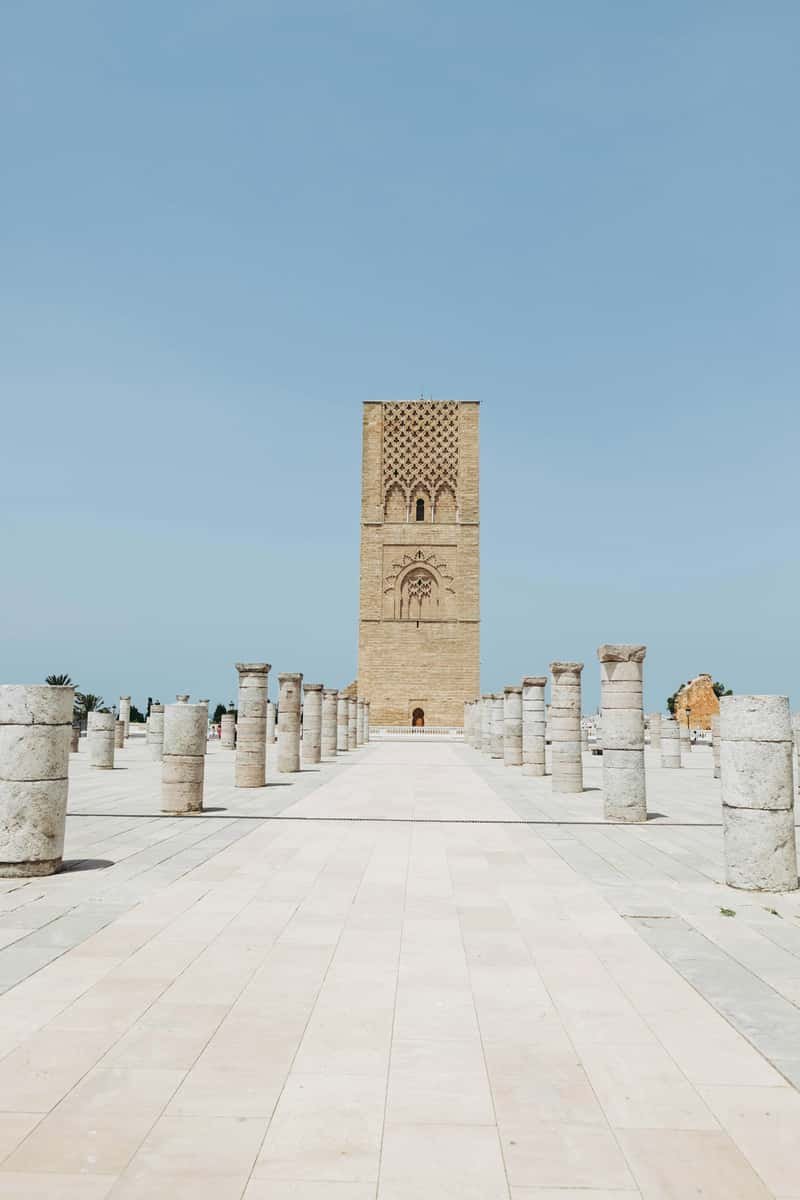 Historic sandstone columns of Hassan Tower landmark in Rabat Morocco