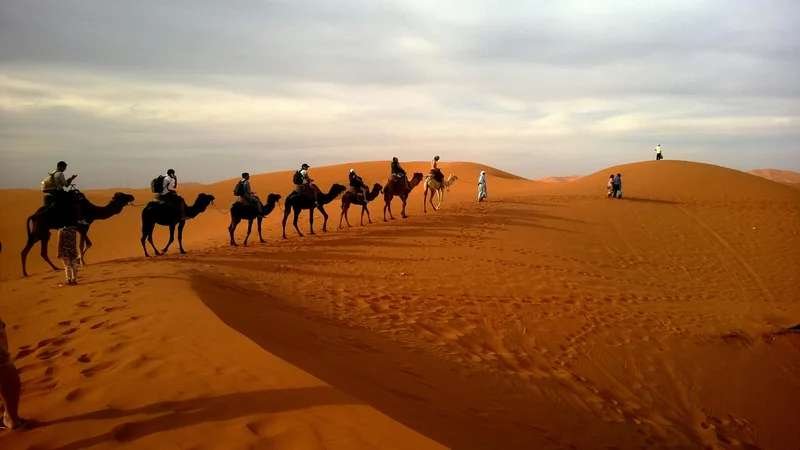 Long desert road leading toward Atlas Mountains through traditional Moroccan gate towers.